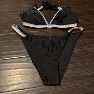 CUPSHE Black Pink Neon Strappy Deep V Neck Plunge Bikini Swimsuit Size Large